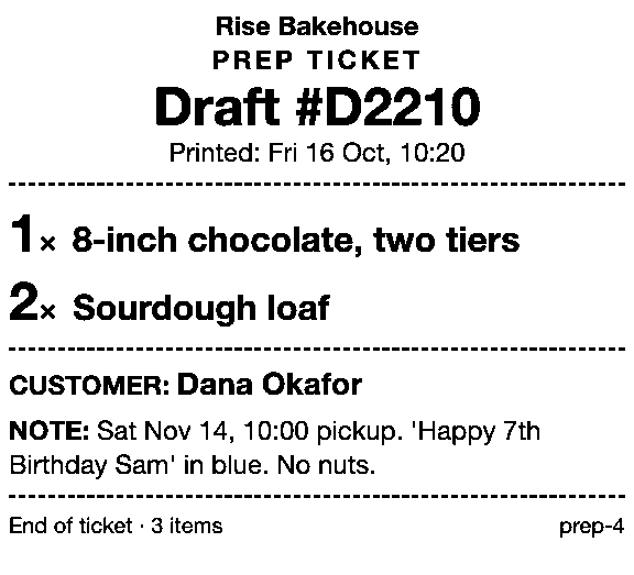Prep ticket for a cake order: Rise Bakehouse, draft #D2210. 1 8-inch chocolate, two tiers; 2 Sourdough loaf. Customer Dana Okafor. Note: Sat Nov 14, 10:00 pickup. 'Happy 7th Birthday Sam' in blue. No nuts. No prices.