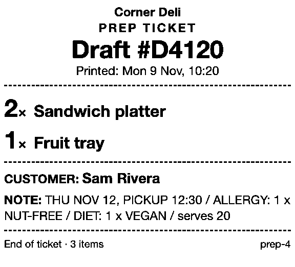 An example prep ticket for an office catering order: Corner Deli, draft #D4120. 2 Sandwich platter; 1 Fruit tray. Customer Sam Rivera. Note: THU NOV 12, PICKUP 12:30 / ALLERGY: 1 x NUT-FREE / DIET: 1 x VEGAN / serves 20. No prices.